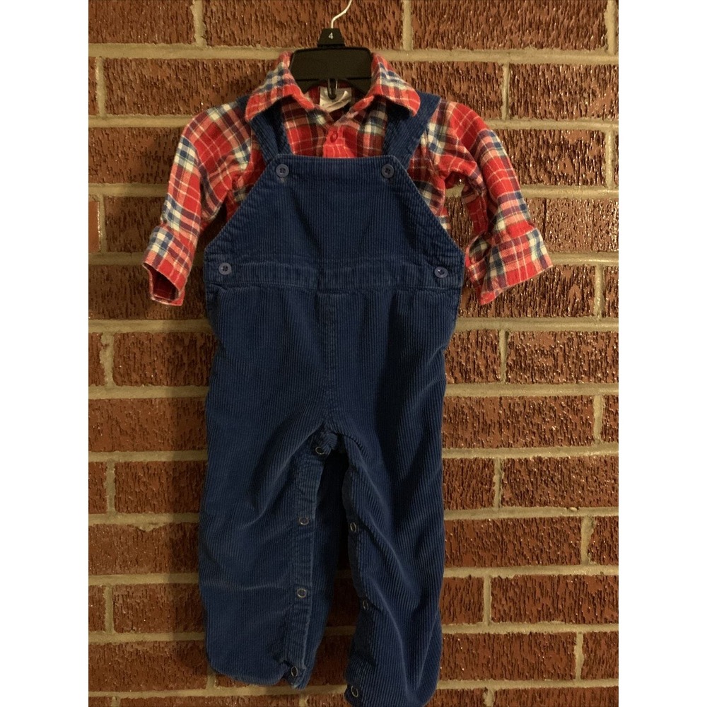 Vintage Happy Kids Joyeux Gamins Flannel Plaid Overall Set 12 Months